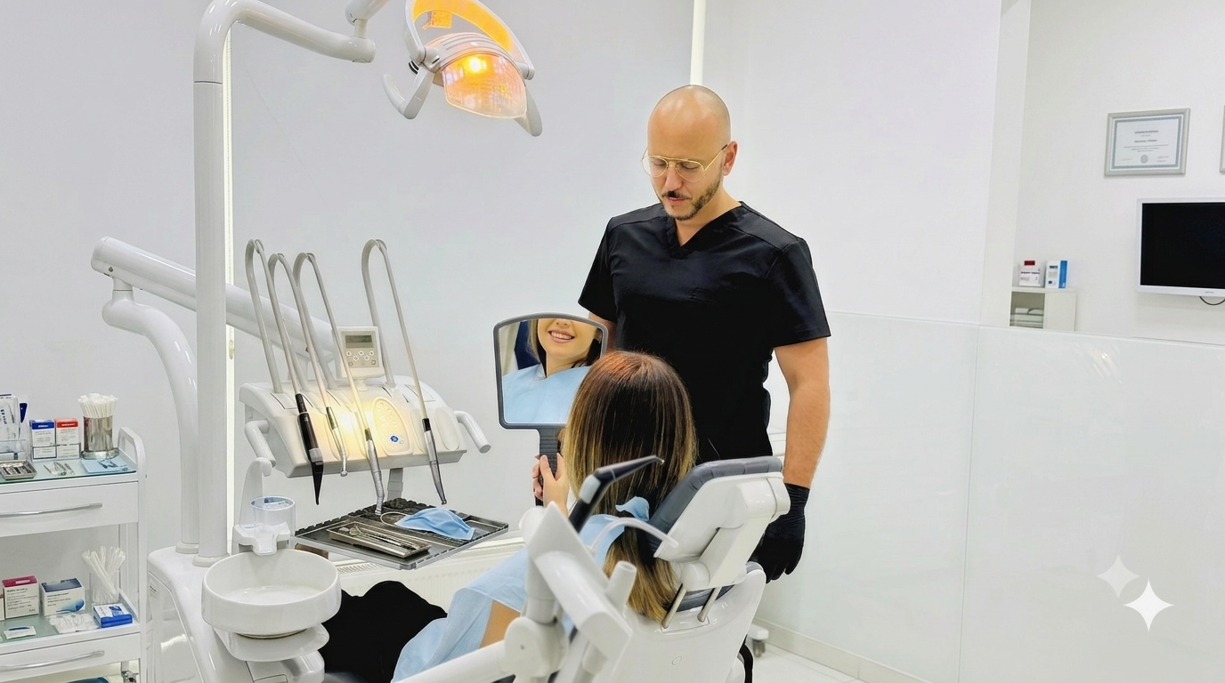 Doktor pokazuje pacijentici njen novi osmijeh u ogledalu, u svijetloj modernoj ordinaciji